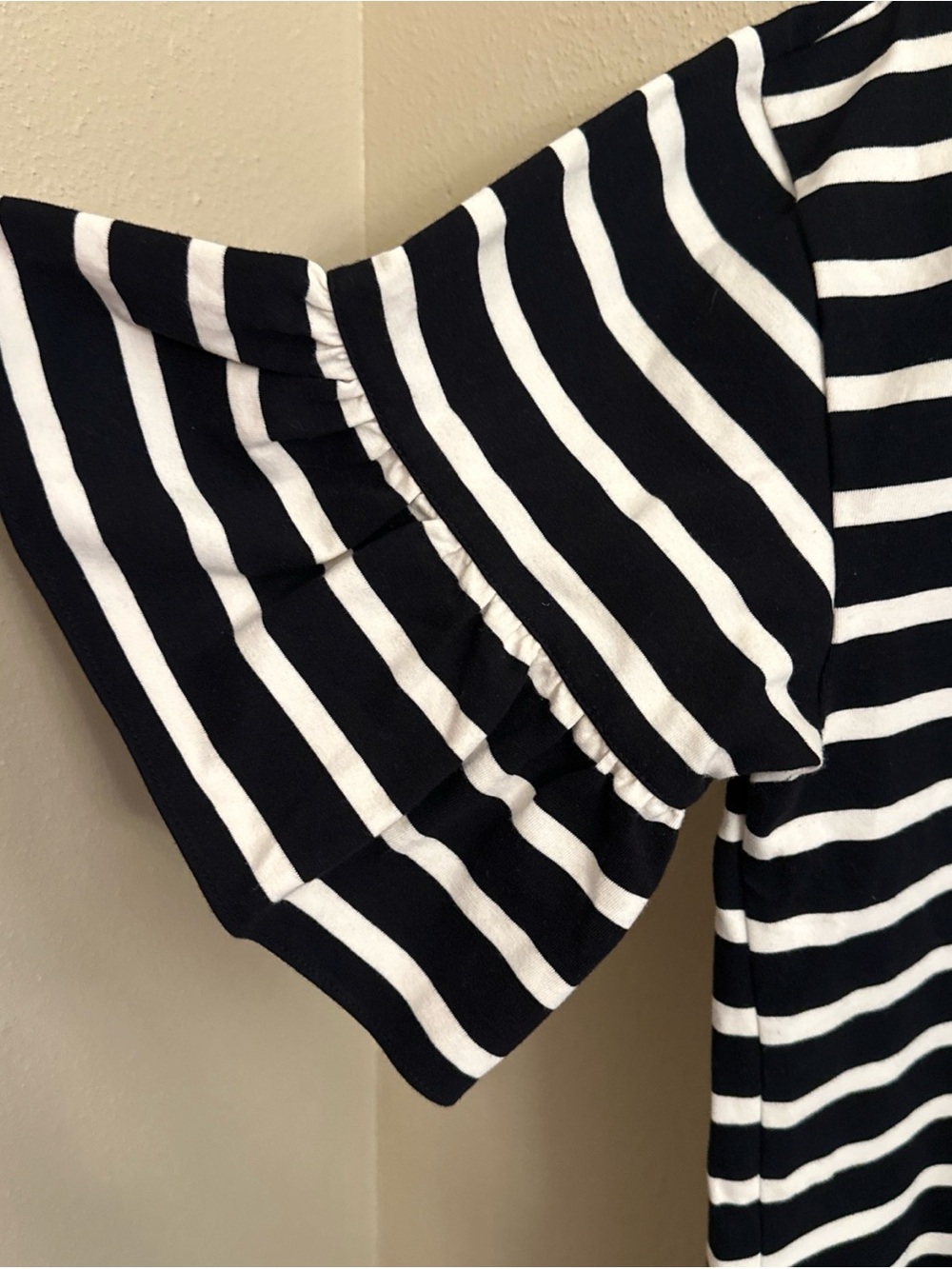 J Crew Ruffle Bell Sleeve Shift Dress Striped Sz L Black White Party 100% Cotton - Picture 5 of 5
